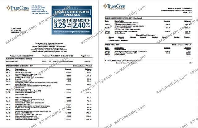 USA TrueCore Federal Credit Union account statement Word and PDF template, 2 pages